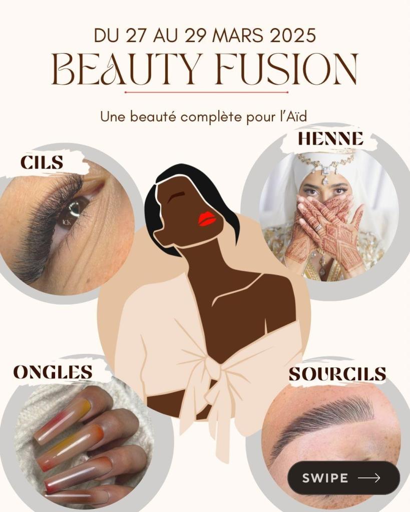 Affiche promotionnelle pour l'événement Beauty Fusion, présentant des services de beauté pour l'Aïd, avec des illustrations de cils, henné, ongles et sourcils.